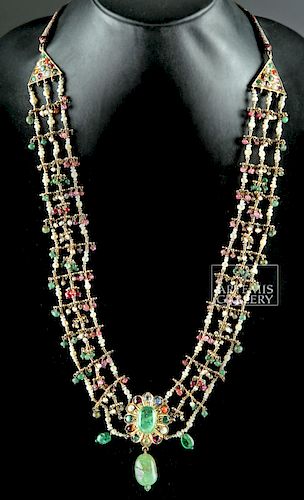 19th C. Indian Necklace, Pearl, Ruby, Emerald, Sapphire