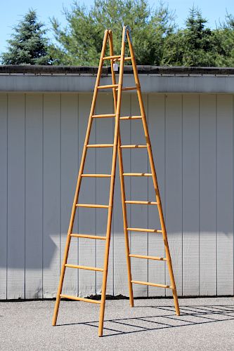 Vintage French Faux Bamboo Oak Folding Tall Ladder