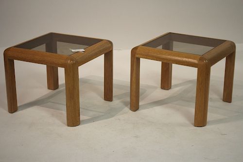 Pair 1980's Oak and Smoked Glass Side Tables