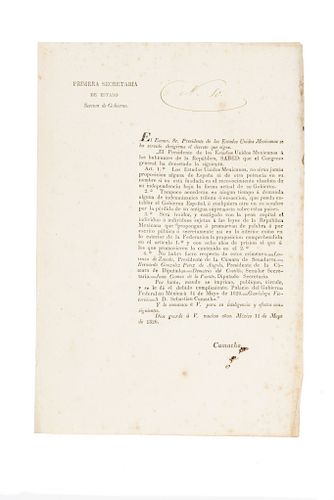 Zavala, Lorenzo de - Camacho, Sebastián. Decreto. México 11 de Mayo de 1826. “