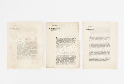 Anaya, Pedro María. Circulares sobre la Reorganización y Subsistencia del Ejército y de la Guardia Nacional... México, 1847. Piezas: 3.