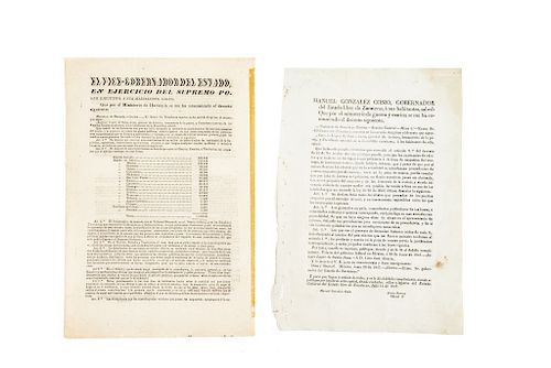 López de Santa Anna, Antonio. Bandos sobre Decomiso en Aduanas y Contribución de Un Millón de Pesos. México, 1847. Pzas: 2.