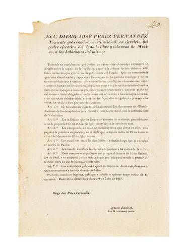 Pérez Fernández, D. Decreto del Gobernador sobre la Formación de Cuerpos de Guardia Nacional por la Liberación de Reos. Toluca, 1847.