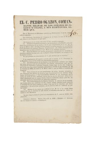 Juárez, Benito - Ogazón, Pedro. Convocatoria para Elecciones del Congreso Constitucional durante la Intervención Francesa. Puebla, 1862