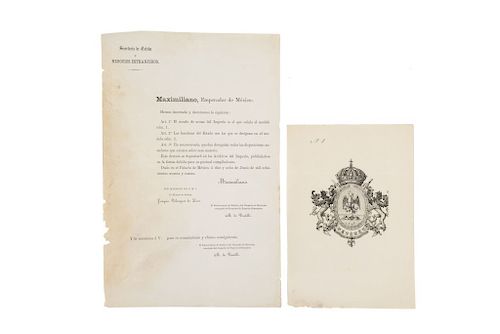 Habsburgo, Maximiliano de. Circular sobre Decreto del Escudo de Armas y Bandera del Imperio / Modelo No. 1 de Escudo de Armas. Pzas: 2