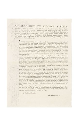 Ruiz de Apodaca y Eliza, Juan. Bando. Suspensión de la Ley de Libertad de Imprenta. México a 5 de Junio de 1821.