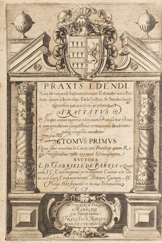 Pareja et Quessada, Gabriele de. Praxis Edendi. Sive de Universa Instrumetorum... Matriti, 1643. Tomo 1. Frontis y Portada grabadas.