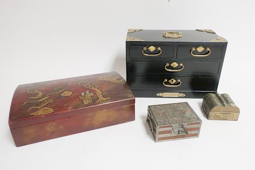 4 Asian Boxes, Chinoiserie Wood and Metal