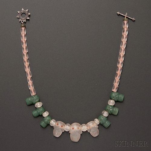 Pre-Columbian Jade and Crystal Skull Necklace