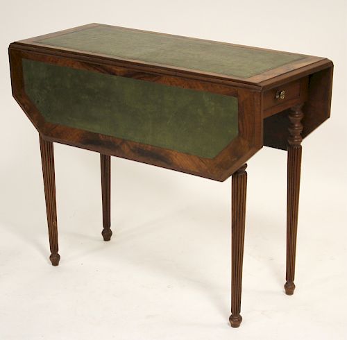Walnut and Green Leather Drop Leaf Writing Table