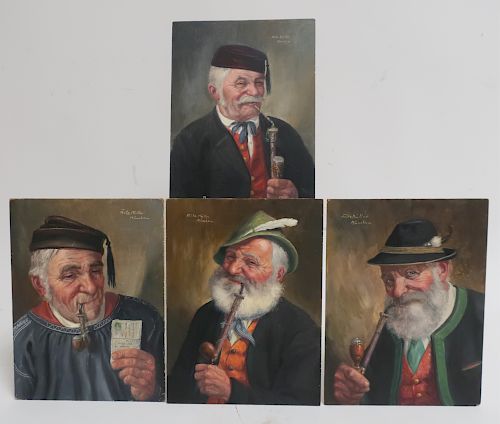 Fritz Muller, 4 Portraits of Men w/ Pipes O/B