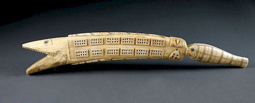 OUTSTANDING CARVED WALRUS TUSK CRIBBAGE BOARD