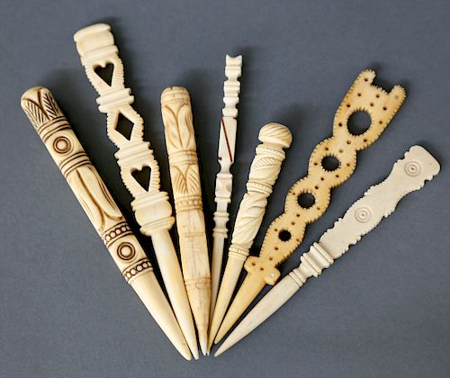 SEVEN ASSORTED WHALER CARVED WHALE IVORY BODKINS 