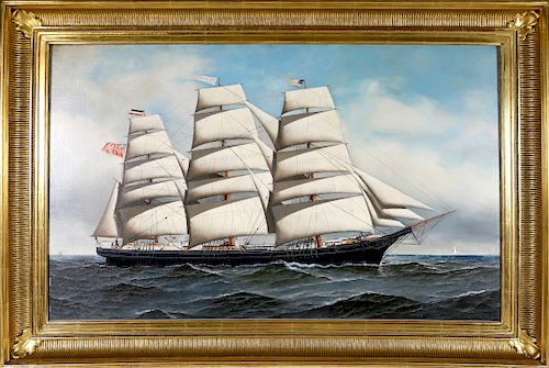 ANTONIO JACOBSEN OIL ON CANVAS 'PORTRAIT OF THE THREE-MASTED CLIPPER SHIP ISLAND HOME AT FULL SAIL"