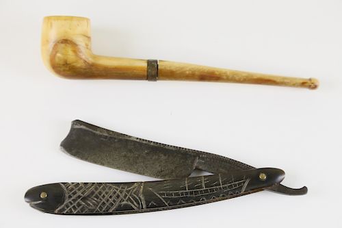  TWO SAILOR'S  ACCESSORIES - WHALE IVORY PIPE AND BALEEN STRAIGHT EDGE