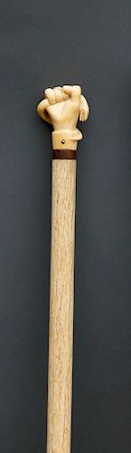 WHALER CARVED WHALE IVORY FIST AND SERPENT WALKING STICK 