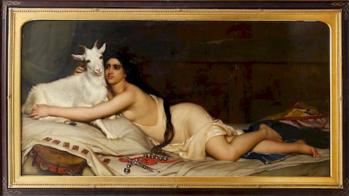 Joseph Henri François van Lerius Oil on Oak Cradled Mahogany Panel “Esmeralda and and Her Pet Goat Djali”