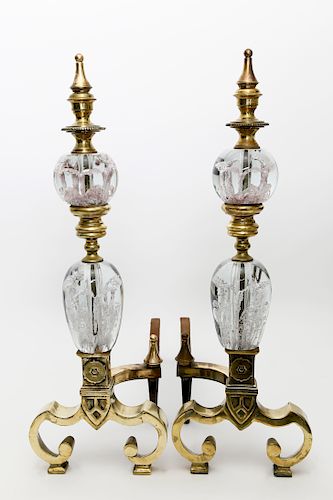 PAIR OF ST. CLAIR GLASS AND BRASS ANDIRONS
