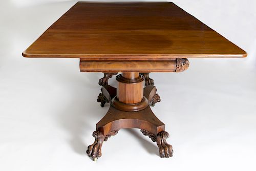 AMERICAN CLASSICAL MAHOGANY TWO-PEDESTAL DINING TABLE