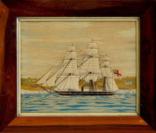 ENGLISH SAILOR'S WOOLWORK "PORTRAIT OF A THREE-MAST STEAM SAIL SHIP"