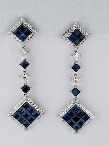 Pair of 18K WG Sapphire & Diamond Dangle Earrings