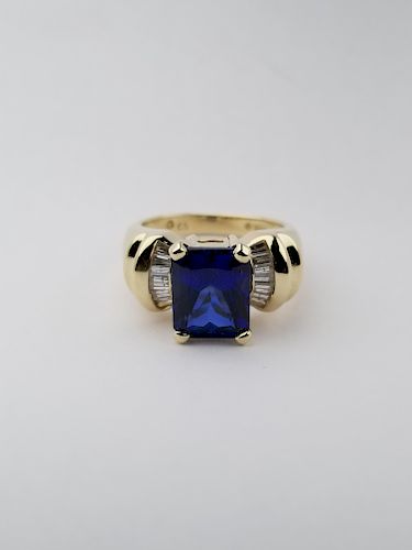 14K Gold Synthetic Sapphire & Diamond Ring