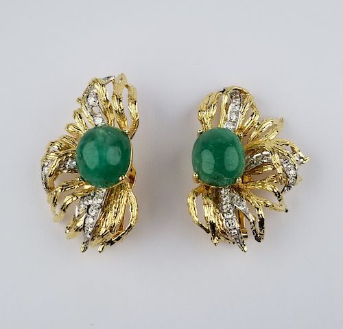 18K Gold Cabochon Emerald & Diamond Earrings