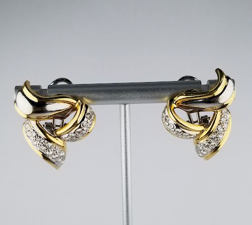 Pair of Diamond & Gold Ribbon Earrings
