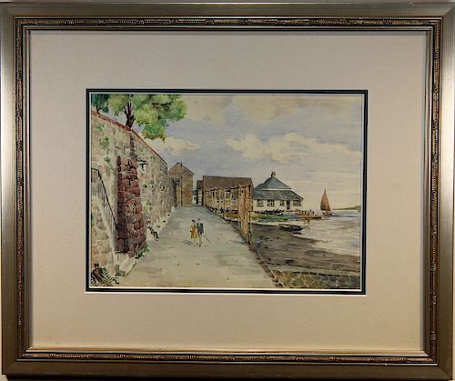 Signed, Watercolor of Figures Near a Harbor