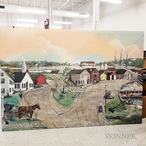 Large Oil on Canvas Mural Depicting Mystic Seaport