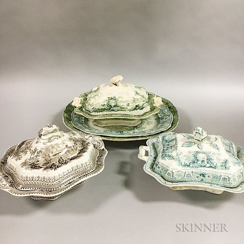 Three Transfer-decorated Covered Ceramic Serving Dishes and Two Platters