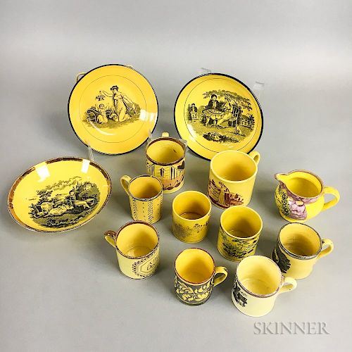Thirteen Staffordshire Transfer-decorated Yellow-glazed Ceramic Items