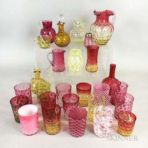 Twenty-seven Pieces of Mostly Cranberry and Amberina Glass Tableware.  Estimate $200-300