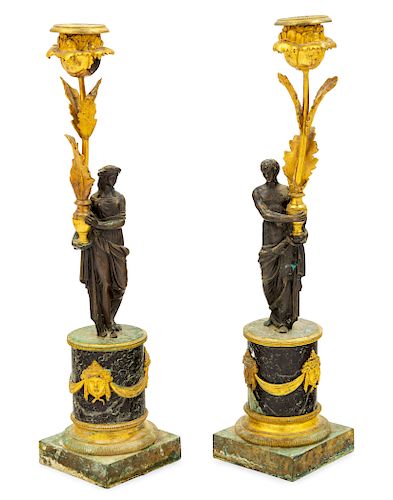 A Pair of Empire Style Gilt Bronze and Marble Candlesticks