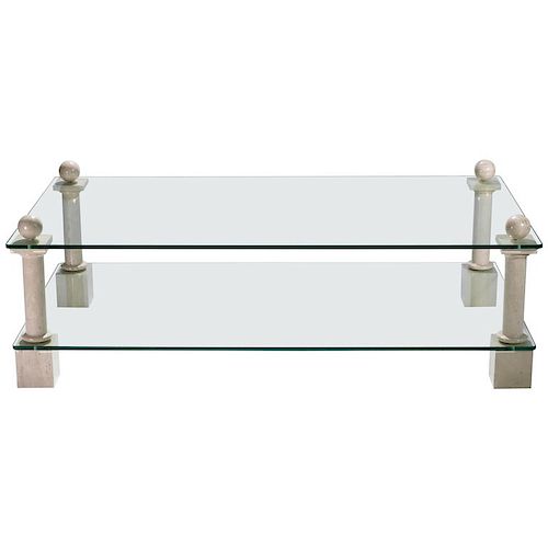 French Hollywood Regency Philippe Barbier Travertine Glass Coffee Table, 1970s