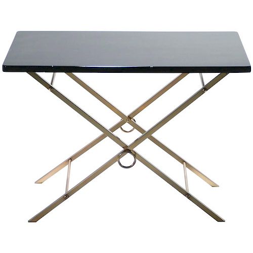 French Midcentury Black Lacquer and Brass Side Table Adnet Style, 1960s