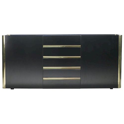 Hollywood Regency Willy Rizzo Brass Black Lacquer Sideboard Commode, 1970s