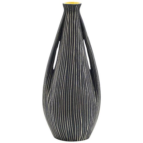 Midcentury Italian Black Yellow Enamel Ceramic Vase, 1960s