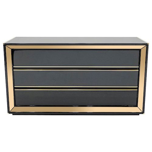 Large Italian Sandro Petti Black Lacquered Brass Mirrored Chest of Drawers 1970s