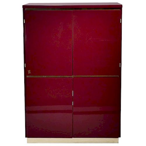 Red Lacquer and Brass Cabinet by J.C. Mahey, 1970s