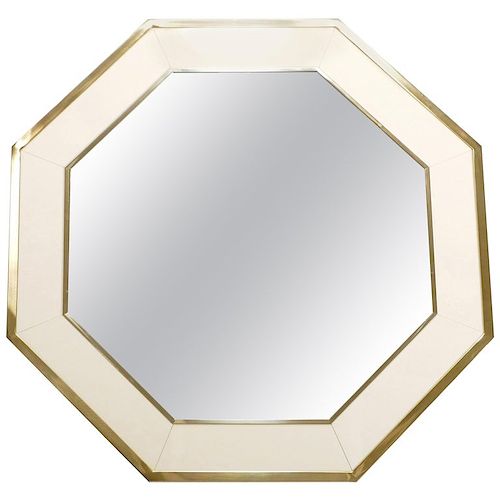 Octagon Shaped J.C. Mahey Mirror in White Lacquer and Brass, 1970s