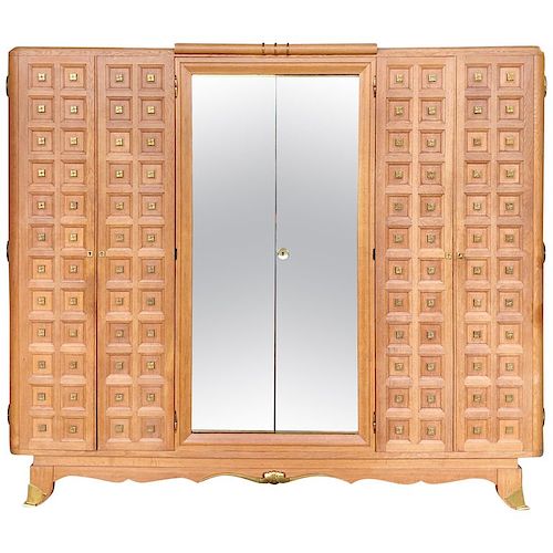 French Art Deco Wardrobe in Solid Oak and Brass, 1940s