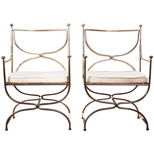 Pair of Curule Steel Brass Chairs Maison Jansen, Cushions, 1960s