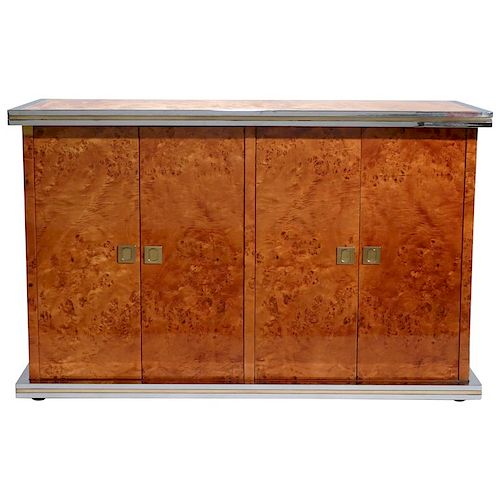 Willy Rizzo Burl Chrome and Brass Small Credenza, 1970s