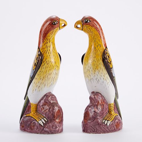 Pair of Faience Tin Glazed Ceramic Parrots