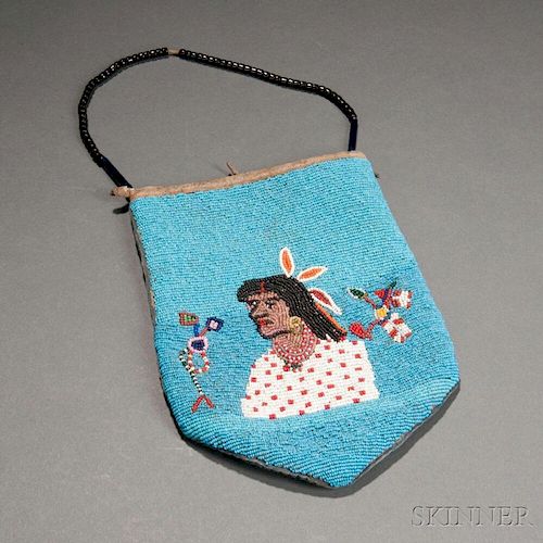 Plateau Pictorial Beaded Cloth and Hide Pouch