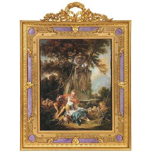 Large French Gilt Bronze Ormolu and Purple Guilloche Enamel Picture Photo Frame