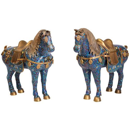 Large Pair of Chinese Cloisonne Enamel Horses