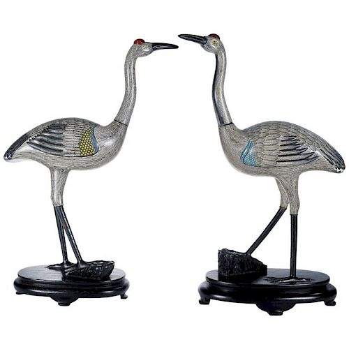 Large Pair of Chinese CloisonnÌ© Enamel Cranes on Wood Stands