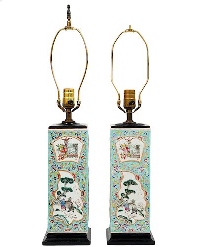 Pr. of Chinese Porcelain Square Form Table Lamps